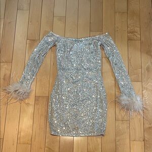 Windsor Silver Sequin Off-Shoulder Dress with Feather Cuffs